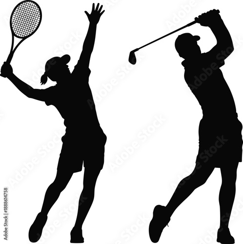 Silhouettes of tennis and golf players in action sports