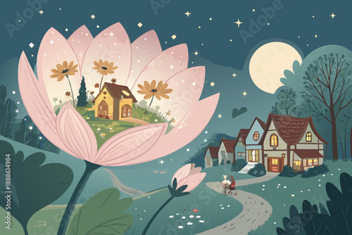 Depicting Tiny Fantasy Town Blooming From Giant Petals Smo Beautiful Premium Digital Asset