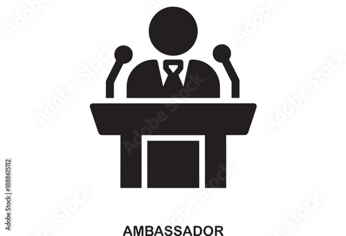 Black minimalist icon of a person in a suit and tie standing at a podium with microphones, representing public speaking or ambassadorial role.