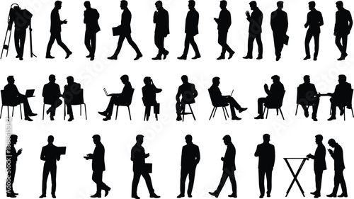 Silhouettes of business professionals seated, standing, and interacting in workplace scenarios, ideal for office culture, meetings, teamwork, and corporate communication themes.