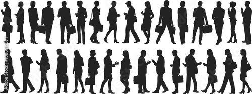 Silhouettes of business professionals walking, standing, and gesturing in corporate attire, ideal for workplace concepts, networking, career mobility, and team dynamics.