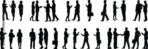 Silhouettes of diverse business people communicating, networking, and interacting in professional settings, ideal for concepts of teamwork, collaboration, corporate culture, and social engagement.