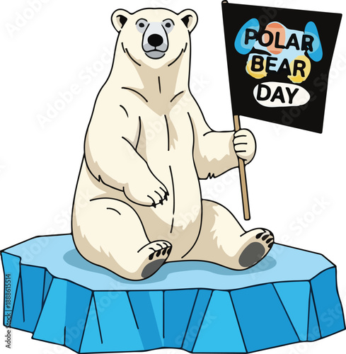 Polar bear holding a flag on an iceberg, celebrating Polar Bear Day in an Arctic environment, viewed from the side