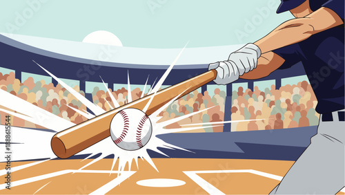 Flat vector illustration of a baseball player hitting the ball from a close distance with great power. An energetic, sporty style, ideal for sports marketing, posters, and advertising.