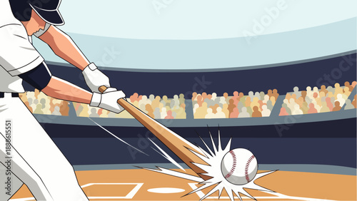 Flat vector illustration of a baseball player hitting the ball from a close distance with great power. An energetic, sporty style, ideal for sports marketing, posters, and advertising.