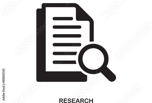 Black outline icon of a document with lines and a magnifying glass symbolizing research, data analysis, and investigation
