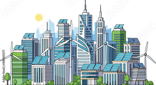 Sustainable cityscape illustration featuring modern buildings, wind turbines, and solar panels in a futuristic urban landscape viewed from a low angle.