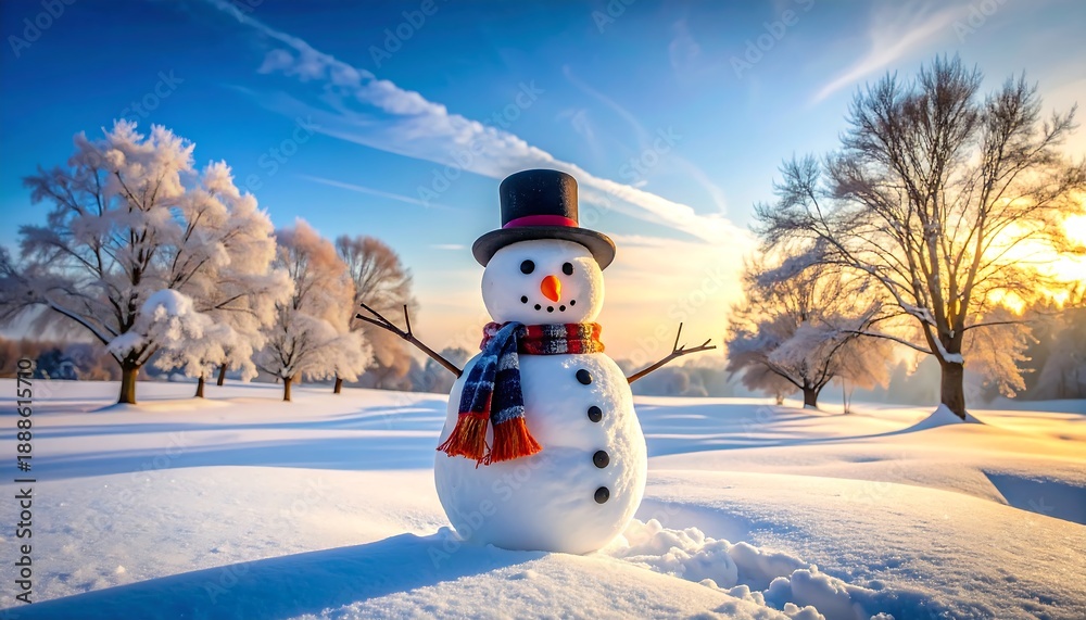 Obraz premium Snowman with a scarf and hat stands in a snow-covered field, with trees and a bright blue sky in the background