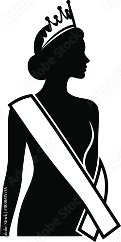 Black silhouette of a beauty queen with a crown on transparent background