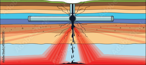 Aerial view of cross-section illustrating whisker-like structures and layered earth formations with radiant red beams