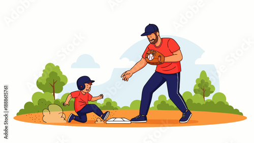 Flat vector illustration depicting a father playing baseball with his son on an open field, symbolizing fun, training, togetherness and learning.