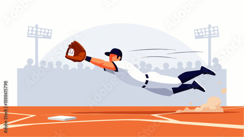 Dynamic flat vector illustration featuring a baseball player catching a ball during a game in a stadium. This clean, modern illustration captures the energy and action of baseball.