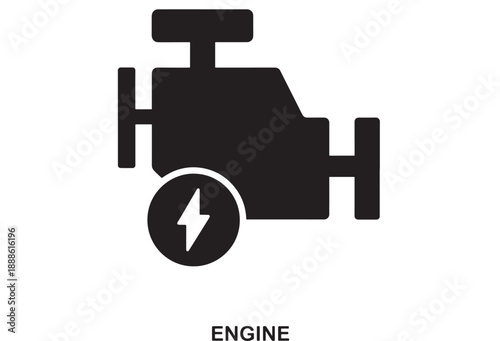 Solid black flat icon of a car engine with a lightning bolt symbol inside a circle, indicating power or electrical system warning.