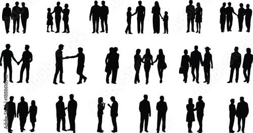 Silhouettes of people in pairs and small groups interacting, ideal for social behavior visuals, relationship themes, and inclusive design applications