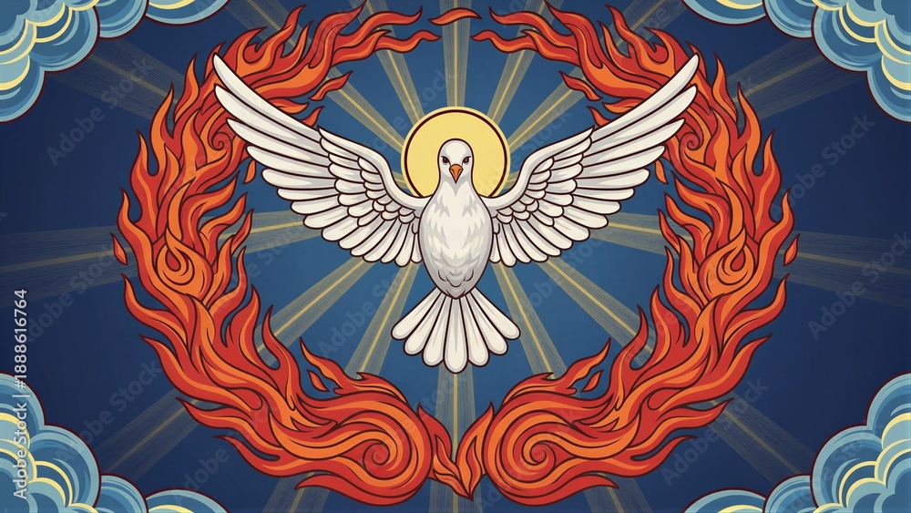 Fototapeta premium White dove with blazing flames of fire and ray circle halo. Pentecost Holy Spirit Christian religious symbol celebration event illustration.