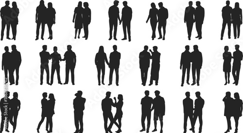 Silhouettes of people in pairs showing interaction and connection, ideal for relationship visuals, social behavior studies, and inclusive design projects.