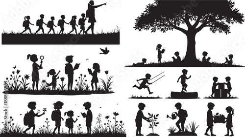 Black vector illustration set of family people silhouettes on the beach nature background featuring parents and children figures as a simple symbol