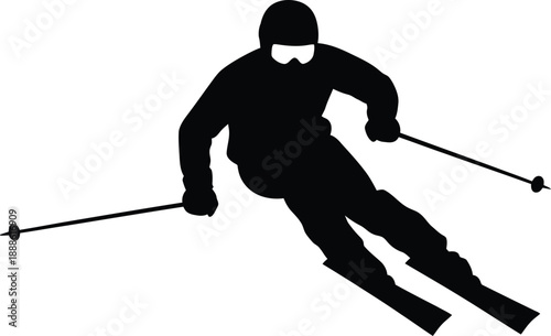 Skier in action pose a black silhouette on transparent background