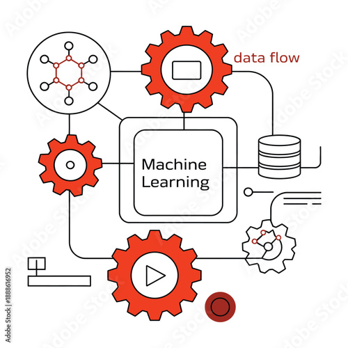 machine learning workflow data flow diagram with model training input output neural network prediction process vector illustration for AI system automation and digital applications