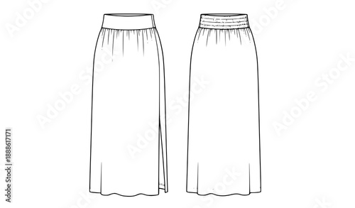 Women Midi Skirt with Smocked Waist and Side Slit Fashion CAD Flat Vector Template