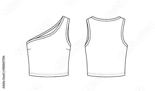 Women One Shoulder Crop Top Fashion CAD Technical Flat Vector Template Front Back