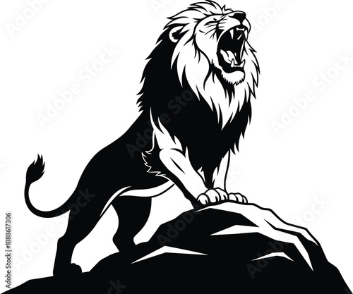 Majestic lion head with flowing mane black and white on transparent background silhouette