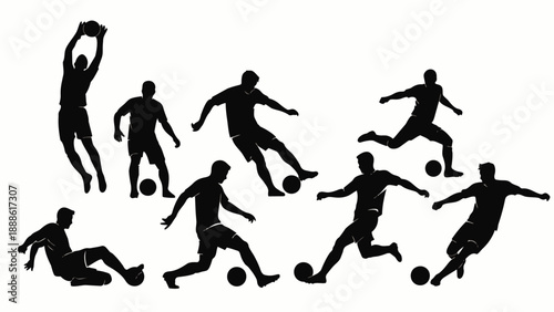 Collection of soccer player silhouettes. Dynamic vector illustrations of soccer players in various actions for icons, symbols, or logos.