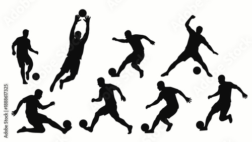 Collection of soccer player silhouettes. Dynamic vector illustrations of soccer players in various actions for icons, symbols, or logos.