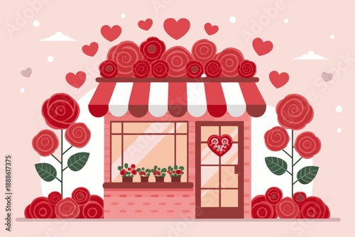 Crisp Valentine Flower Shop With Roses And Hearts Premium Digital Asset