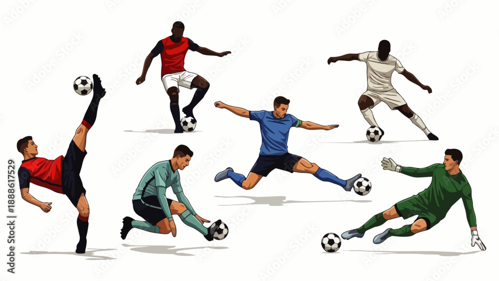 Obraz premium A dynamic, set of flat vector illustration of a football player in action. The artwork captures the energy of the sport with a clean and modern design