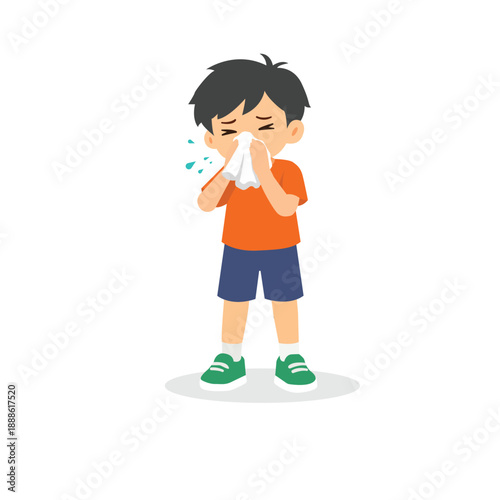 Sneezing Sick Little Boy with Tissue – Flat Design Vector Illustration