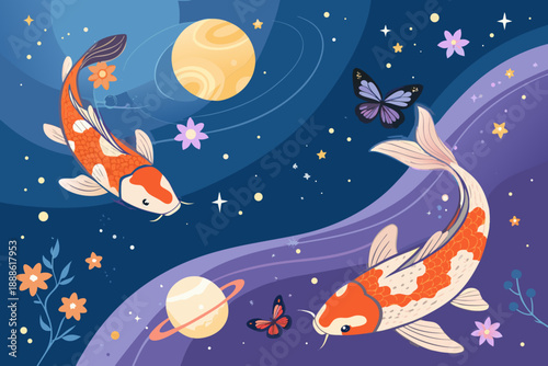 Depicting Whimsical Koi Fish Swimming Outer Space Orang Crisp Premium Digital Asset