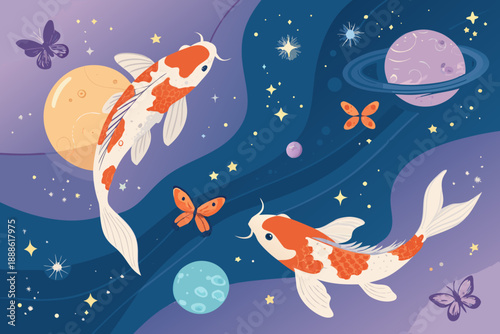 Whimsical Koi Fish Swimming Outer Space Orang Creative Visual Suitable for Design