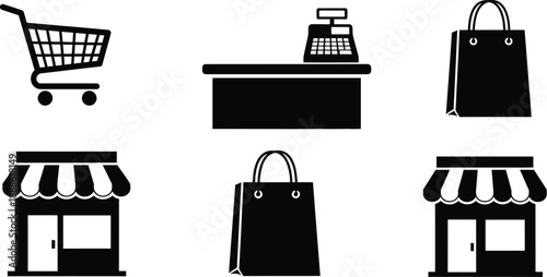 Shopping icons including cart cash register and storefront silhouette on transparent background