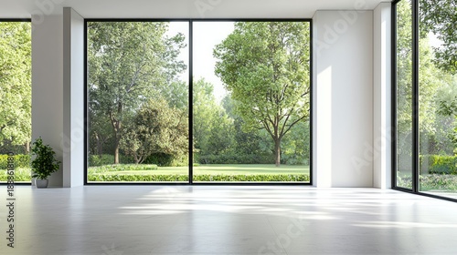 A modern house with large windows and minimalist design, overlooking a garden.