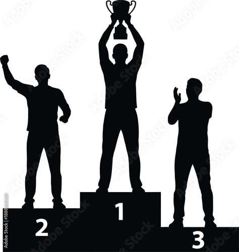 Winning podium with three athletes raising arms numbers displayed on transparent background silhouette
