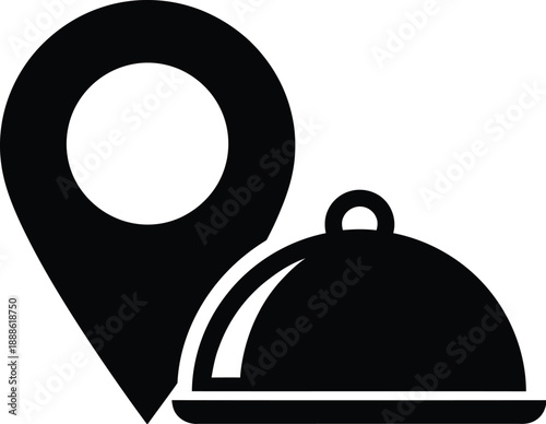 Black location pin with food platter ideal for restaurant apps on transparent background silhouette