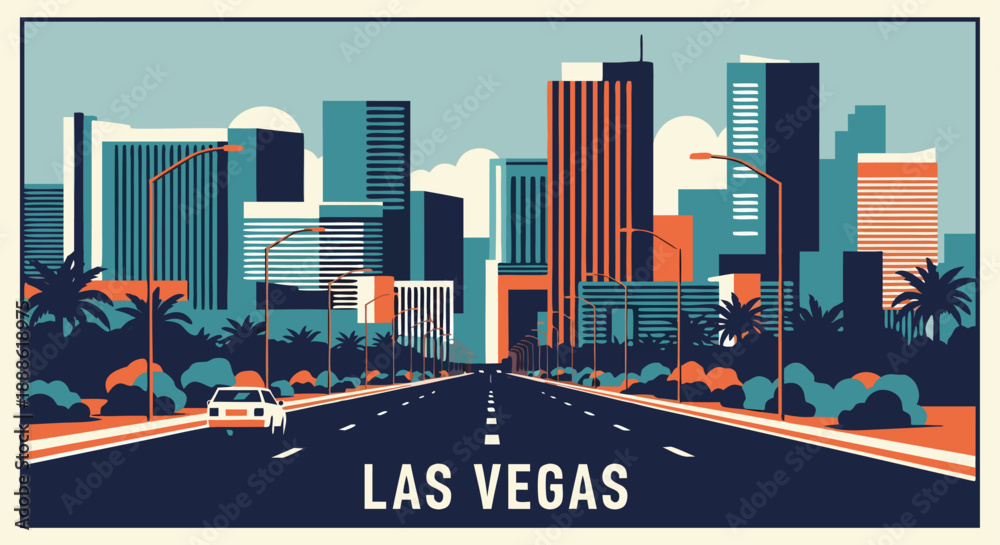 Fototapeta premium Vector illustration of Las Vegas skyline at dusk with palm trees and a road leading to the city