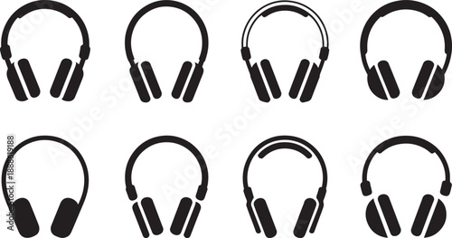 Black headphones in different styles white background audio music desi