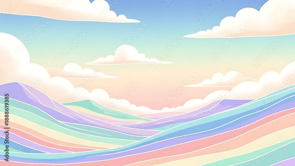 Obraz premium Abstract illustration of pastel landscape with rolling hills and clouds