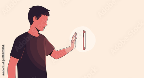 A young man, depicted in an illustration, reaches out to reject a smartphone, symbolizing digital detox, screen time limits, and the importance of disconnecting.