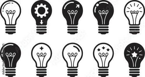 Black light bulb with various symbols inside white background ideas