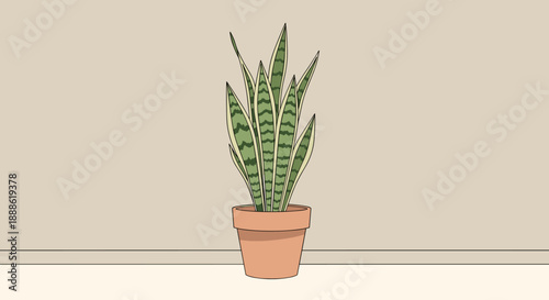 A digitally illustrated snake plant in a terracotta pot stands against a neutral wall, representing indoor gardening and home decor with a clean, minimalist aesthetic.