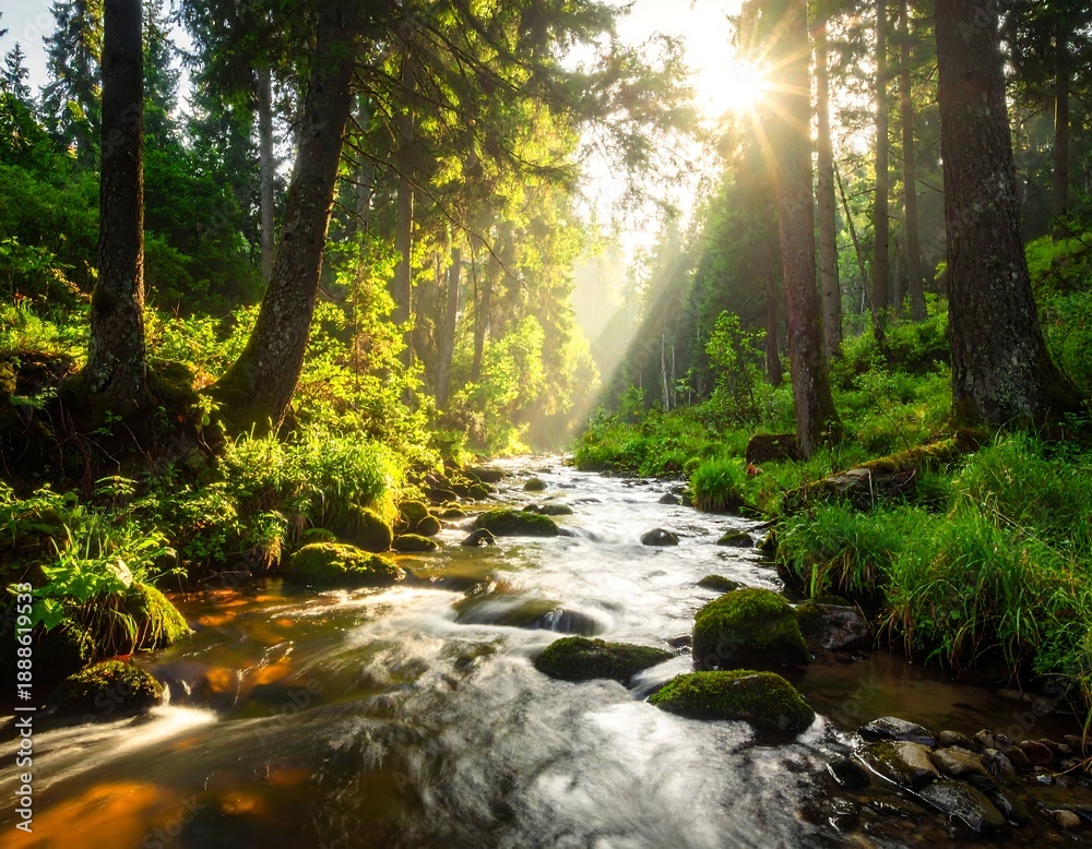 Obraz premium A serene forest stream basks in warm sunlight filtering through trees