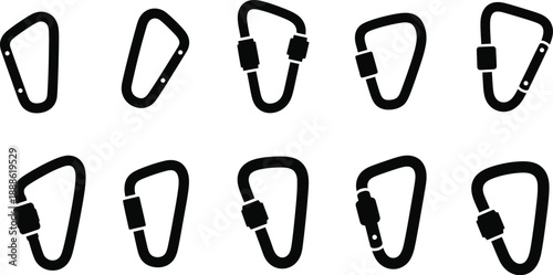 Eight black carabiners arranged in a grid on transparent background silhouette