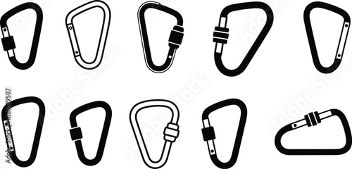 Collection of carabiner clips in various shapes ideal for design on transparent background silhouette
