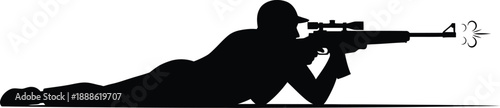 Sniper in prone position aiming rifle black silhouette on transparent background