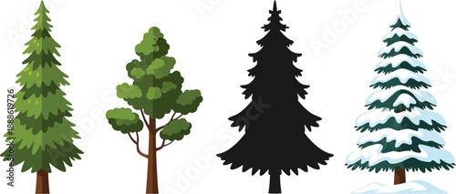 Four evergreen trees in varying styles on transparent background silhouette