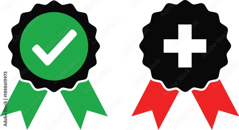 Obraz premium Two award ribbons with check and plus signs on transparent background silhouette