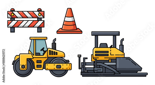 Road Construction Equipment and Safety Icons Set: Asphalt Paver, Compactor Roller, Traffic Barrier, and Cone Vector Illustration